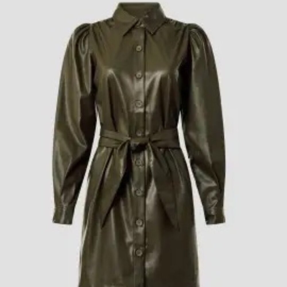 Peter Som x RTR Leather Shirt Dress in Olive Green, 4
